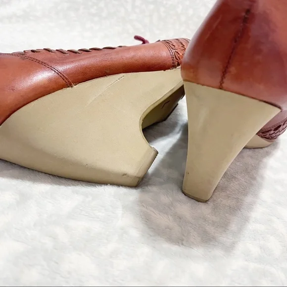 Vintage Woven Wedges 70s Captivators Brown Leather Tie Oxford Heels - Picture 11 of 12